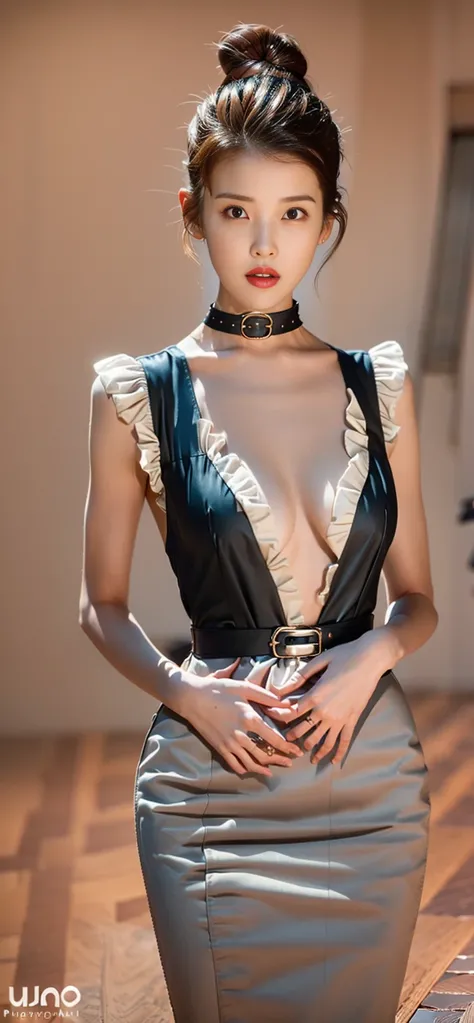 RAW,((perfect anatomy)),best quality, ultra res, (photorealistic:1.4),((1 girl)),(solo:1.3), armlet,(large breasts:1.2), (1 girl,solo:1.3),(DarkOrangehair:1), (make up:0.8), (full_body),(cowboy_shot),light smile,ultra_color,runway, catwalk \(walkway\),model,(small_head),(maid_apron,black_maid_costume:1.4),(intricate details:1.1),(cone_hair_bun:1.2),(long_wavy_hair:1.2),(realistic:1.4), (thigh_gap:1.3), slim,narrow waist,fit,armpits,lustrous skin,choker,(iu:1.1),<lora:iu_v25:0.
7>,(ulzzang-6500:0.3), (PureErosFace_V1:0.3)