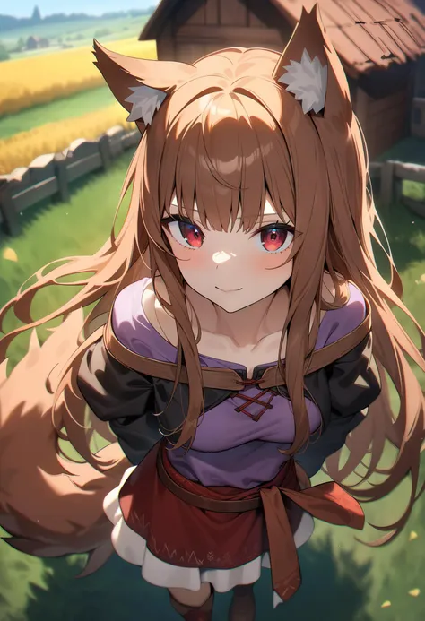 masterpiece, best quality, very aesthetic, absurdres, 
1girl, solo, holo, /(spice and wolf/), wolf girl, deep crimson eyes, detailed brown hair, long hair, animal ears, wolf ears, wolf tail, 
purple shirt, black fabric jacket and skirt, red fabric belt, woven fabric belt, boots, The Promise of the Wise Wolf, medieval clothes, 
annoyed,
from side,
The background features a charming barn, fields of golden wheat, and a clear blue sky, medieval town outside, highly detailed background,
aesthetic, chromatic aberration, extremely detailed, beautiful color, Natural colors, browns, beiges, greens, sharp focus, <lora:holo-spaceandwolfXLV1:0.5>,