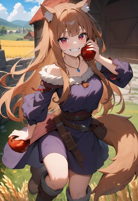 masterpiece, best quality, very aesthetic, absurdres, high resolution, 4K, 8K, UHD, 
1girl, solo, holo, /(spice and wolf/), wolf girl, deep crimson eyes, detailed brown hair, long hair, animal ears, wolf ears, wolf tail, 
purple shirt, black fabric jacket and skirt, medieval (red string) large belt, boots, necklace pouch, The Promise of the Wise Wolf, medieval clothes, 
holding a apple, smile, happy,
dynamic angle,
The background features a charming barn, fields of golden wheat, and a clear blue sky, medieval town outside, highly detailed background,
aesthetic, chromatic aberration, extremely detailed, beautiful color, Natural colors, browns, beiges, greens, sharp focus, <lora:holo-spaceandwolfXLV1:0.6>,