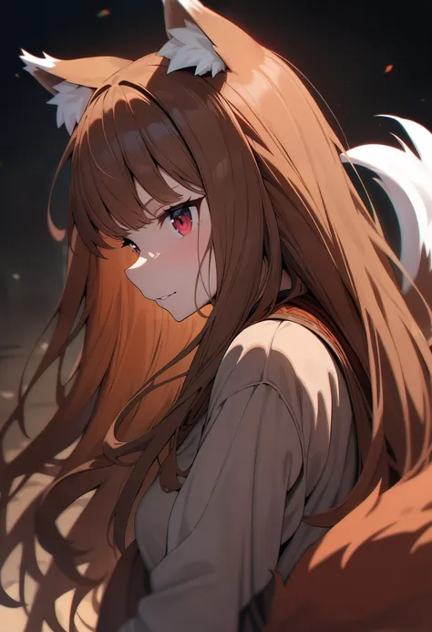 masterpiece, best quality, very aesthetic, absurdres, high resolution, 4K, 8K, UHD, 
1girl, solo, holo, /(spice and wolf/), wolf girl, deep crimson eyes, detailed brown hair, long hair, animal ears, wolf ears, wolf tail, 
close up her face,
aesthetic, chromatic aberration, extremely detailed, beautiful color, Natural colors, browns, beiges, greens, sharp focus, <lora:holo-spaceandwolfXLV1:0.6>,