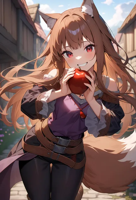 masterpiece, best quality, very aesthetic, absurdres, high resolution, 4K, 8K, UHD, 
1girl, solo, holo, /(spice and wolf/), wolf girl, deep crimson eyes, detailed brown hair, long hair, animal ears, wolf ears, wolf tail, 
long medieval blouse with strings, always string on blouse, violet blouse, tight medieval silk pants, black pants, very tight pants, medieval (red string) large belt, felt medieval boots, necklace pouch, The Promise of the Wise Wolf, medieval clothes, 
holding a wooden mug with beer, smile, happy,
close up her face,
on a medieval road, highly detailed background,
aesthetic, chromatic aberration, extremely detailed, beautiful color, Natural colors, browns, beiges, greens, sharp focus, <lora:holo-spaceandwolfXLV1:0.6>,