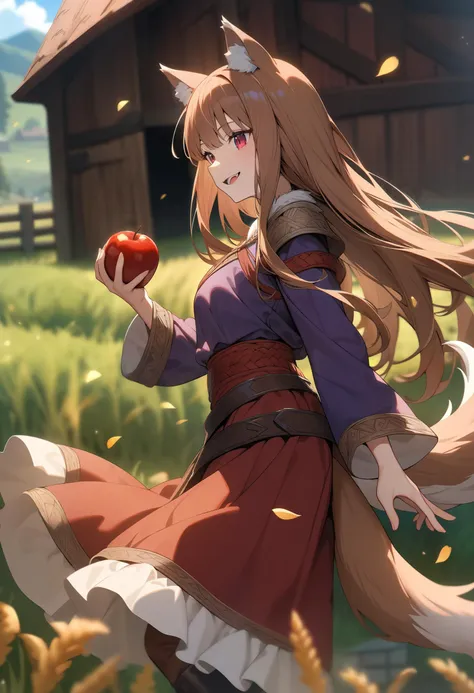 masterpiece, best quality, very aesthetic, absurdres, high resolution, 4K, 8K, UHD, 
1girl, solo, holo, /(spice and wolf/), wolf girl, deep crimson eyes, detailed brown hair, long hair, animal ears, wolf ears, wolf tail, 
purple shirt, black fabric jacket and skirt, red fabric belt, woven fabric belt, boots, necklace pouch, The Promise of the Wise Wolf, medieval clothes, 
holding a apple, smile, happy,
close up her face,
The background features a charming barn, fields of golden wheat, and a clear blue sky, medieval town outside, highly detailed background,
aesthetic, chromatic aberration, extremely detailed, beautiful color, Natural colors, browns, beiges, greens, sharp focus, <lora:holo-spaceandwolfXLV1:0.5>,