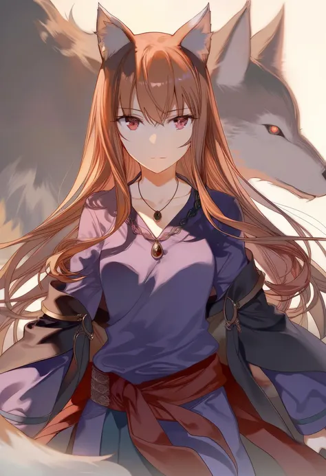 by rella, by jyuu ayakura, 
1girl, solo, holo, /(spice and wolf/), wolf girl, detailed beautiful face and eyes, detailed red eyes, deep crimson eyes, detailed brown hair, intricate hair, long hair, animal ears, wolf ears, wolf tail, slim body, glowing eyes,  small breasts, slender, slim,
medieval clothes, purple shirt, black fabric jacket and skirt, red fabric belt, woven belt, ring accessory, The Promise of the Wise Wolf, Simple necklace, fabric ribbon, 
dynamic angle,
beautiful, detailed, ultra detailed, extremely detailed, beautiful color, Natural colors, browns, beiges, greens, sharp focus, 
masterpiece, amazing quality, best  quality, high resolution, 4K, 8K, UHD, <lora:holo-spaceandwolfXLV1:0.9>,