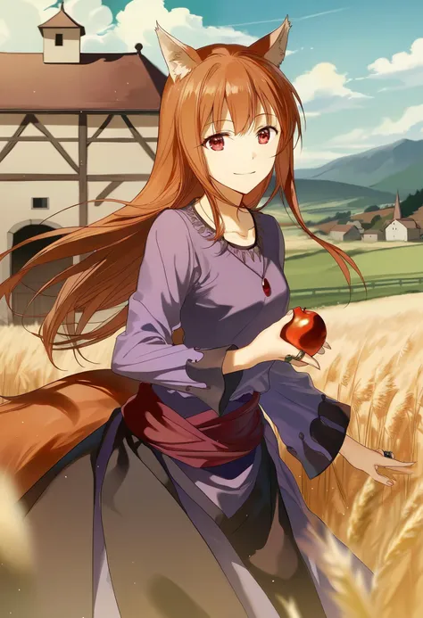 by rella, by jyuu ayakura,
1girl, solo, holo, /(spice and wolf/), wolf girl, detailed beautiful face and eyes, detailed red eyes, deep crimson eyes, detailed brown hair, intricate hair, long hair, animal ears, wolf ears, wolf tail, slim body, glowing eyes,  small breasts, slender, slim,
smiling with teeth, happy, holding a apple, 
medieval clothes, purple shirt, black fabric jacket and skirt, red fabric belt, woven belt, ring accessory, boots, The Promise of the Wise Wolf, Simple necklace, fabric ribbon, 
dynamic angle,
The background features a charming barn, fields of golden wheat, and a clear blue sky, medieval town outside, highly detailed background,
beautiful, detailed, ultra detailed, extremely detailed, beautiful color, Natural colors, browns, beiges, greens, sharp focus, 
masterpiece, amazing quality, best  quality, high resolution, 4K, 8K, UHD, <lora:holo-spaceandwolfXLV1:0.9>,