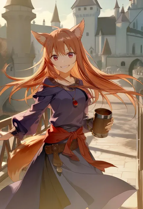 by rella, by jyuu ayakura, 
1girl, solo, holo, /(spice and wolf/), wolf girl, detailed beautiful face and eyes, detailed red eyes, deep crimson eyes, detailed brown hair, intricate hair, long hair, animal ears, wolf ears, wolf tail, slim body, glowing eyes,  small breasts, slender, slim,
evil smile, happy, holding a wooden mug, 
medieval clothes, purple shirt, black fabric jacket and skirt, red fabric belt, woven belt, ring accessory, The Promise of the Wise Wolf, Simple necklace, fabric ribbon, 
close up her face,
indoor, standing on the balcony, castle on background, medieval town outside, highly detailed background, evening,
beautiful, detailed, ultra detailed, extremely detailed, beautiful color, Natural colors, browns, beiges, greens, sharp focus, 
masterpiece, amazing quality, best  quality, high resolution, 4K, 8K, UHD, <lora:holo-spaceandwolfXLV1:0.9>,