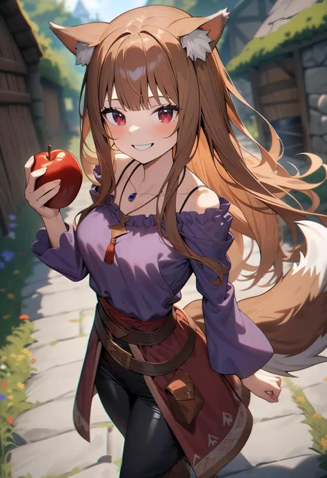 masterpiece, best quality, very aesthetic, absurdres, high resolution, 4K, 8K, UHD, 
1girl, solo, holo, /(spice and wolf/), wolf girl, deep crimson eyes, detailed brown hair, long hair, animal ears, wolf ears, wolf tail, 
long medieval blouse with strings, always string on blouse, violet blouse, tight medieval silk pants, black pants, very tight pants, medieval (red string) large belt, felt medieval boots, necklace pouch, The Promise of the Wise Wolf, medieval clothes, 
holding a wooden mug with beer, smile, happy,
close up her face,
The background features a charming barn, fields of golden wheat, and a clear blue sky, medieval town outside, highly detailed background,
aesthetic, chromatic aberration, extremely detailed, beautiful color, Natural colors, browns, beiges, greens, sharp focus, <lora:holo-spaceandwolfXLV1:0.6>,