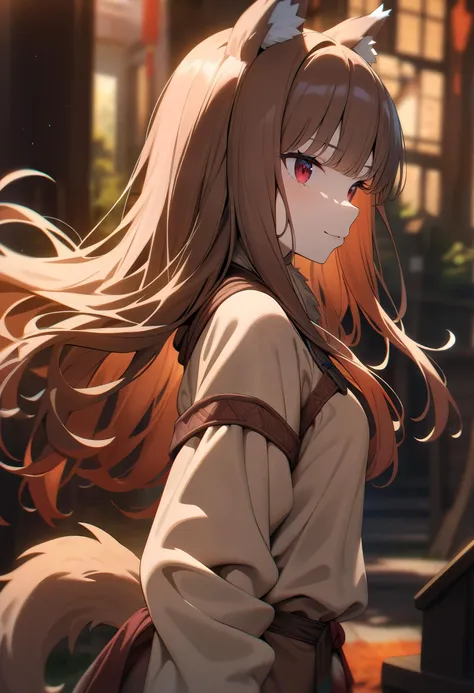 masterpiece, best quality, very aesthetic, absurdres, high resolution, 4K, 8K, UHD, 
1girl, solo, holo, /(spice and wolf/), wolf girl, deep crimson eyes, detailed brown hair, long hair, animal ears, wolf ears, wolf tail, 
close up her face,
aesthetic, chromatic aberration, extremely detailed, beautiful color, Natural colors, <lora:holo-spaceandwolfXLV1:0.6>,