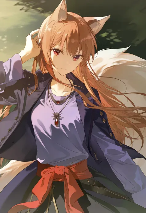 by rella, by jyuu ayakura, by_kesoshirou
1girl, solo, holo, /(spice and wolf/), wolf girl, detailed beautiful face and eyes, detailed red eyes, deep crimson eyes, detailed brown hair, intricate hair, long hair, animal ears, wolf ears, wolf tail, slim body, glowing eyes,  small breasts, slender, slim,
medieval clothes, purple shirt, black fabric jacket and skirt, red fabric belt, woven belt, ring accessory, The Promise of the Wise Wolf, Simple necklace, fabric ribbon, 
beautiful, detailed, ultra detailed, extremely detailed, beautiful color, Natural colors, browns, beiges, greens, sharp focus, 
masterpiece, amazing quality, best  quality, high resolution, 4K, 8K, UHD, <lora:holo-spaceandwolfXLV1:0.9>,