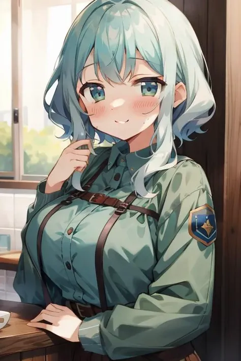 muku-coffee, huge breasts, sweater, smile, masterpiece, best quality