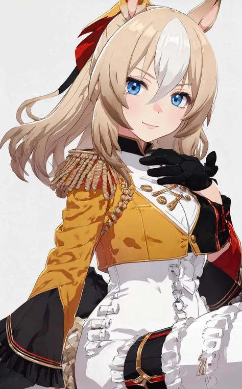 masterpiece, best quality,sitting,
Durandal \(umamusume\), 1girl, horse ears, white gloves, gloves, black gloves,horse tail,epaulettes, smile, long sleeves, frills, bangs, closed mouth, Jumpsuit, white Jumpsuit, (yellow cropped jacket), ponytail, (kneehighs boots:1.2) ,yellow sleeves,red sleeves,asymmetrical gloves,asymmetrical sleeves,fullbody,
<lora:GoodHands-vanilla:1> <lora:SD_durandal_v1.0:0.75>