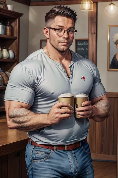handsome man in his early 40s, slightly overweight, visible bulge <lora:bulgeJ8_concept_V1:1.1> bulgeJ8, (lifestyle photography:1.3), full front view, embroidered denim jacket, plain t-shirt, relaxed-fit trousers, low fade haircut, deep set eye shape, half-rim glasses, cozy coffee shop with warm lighting, (seductive, alluring, charming:1.3), (inked-original-art:1.2) (lineart:1.31) (fine-details:1.3) limited-palette <lora:add_detail:0.5> <lora:realistic:.4> <lora:GoodHands-beta2:0.8>,