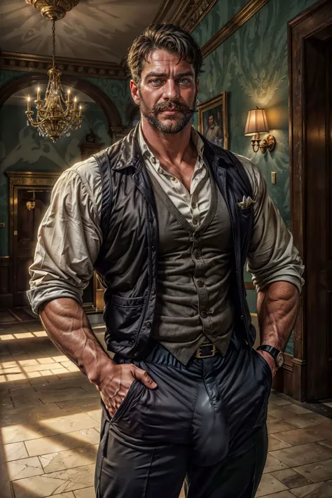 a 40 yo rich gentleman on the foyer of a grand mansion, bulgeJ8, long thick sideburns, mustache, in the year 1920, monocle on his face, (wearing cream colored vest:0.95), trousers, large bulge, arrogant facial expression, (looking at viewer:1.2), expensive clothes, cinematic lighting,
composition, (masterpiece), (photorealistic), hyperrealism, top quality, best quality, (absurdres), deep focus, intricate details, high quality, ultra high res, 8k, UHD, HDR
<lora:bulgeJ8_concept_V1:1> <lora:muttonchops:0.5> <lora:add_detail:0.4>