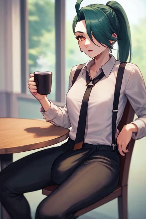 beautiful, masterpiece, best quality, extremely detailed face, perfect lighting, 1girl, solo, <lora:PokeRika:0.7>, hair over one eye, ponytail, collared shirt, eyelashes, pants, suspenders, necktie, earrings, medium breasts, earrings, cowboy shot, 5 fingers,
table, leaning on a table, table in the foreground, narrow shoulders,
, sitting on a chair, cafe, in a cafe, table, holding a cup of coffee, looking down, parted lips
huge bulge, gigantic bulge, <lora:bulgeJ8_concept_V1:0.9>