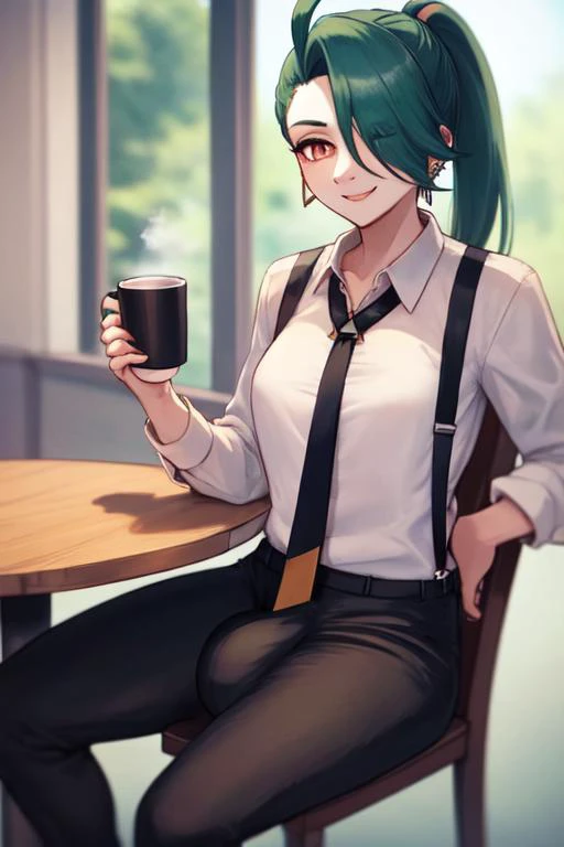 beautiful, masterpiece, best quality, extremely detailed face, perfect lighting, 1girl, solo, <lora:PokeRika:0.7>, hair over one eye, ponytail, collared shirt, eyelashes, pants, suspenders, necktie, earrings, medium breasts, earrings, cowboy shot, 5 fingers,
table, leaning on a table, table in the foreground, narrow shoulders,
smile, sitting on a chair, cafe, in a cafe, table, holding a cup of coffee,
huge bulge, gigantic bulge, <lora:bulgeJ8_concept_V1:0.7>