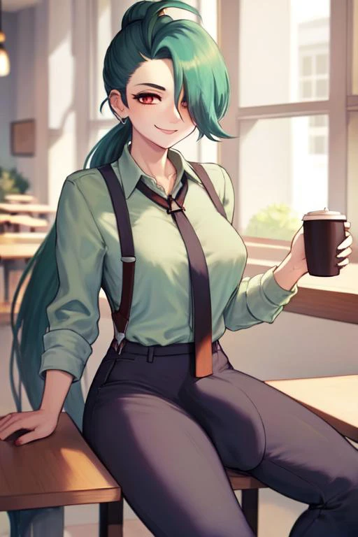 beautiful, masterpiece, best quality, extremely detailed face, perfect lighting, 1girl, solo, <lora:PokeRika:0.7>, hair over one eye, ponytail, collared shirt, eyelashes, pants, suspenders, necktie, earrings, small breasts, earrings, cowboy shot, sitting
smile, sitting on a chair, cafe, in a cafe, table, holding a cup of coffee, 
<lora:bulgeJ8_concept_V1:1> huge bulge, gigantic bulge,