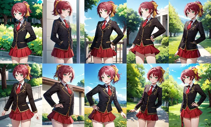 masterpiece, best quality, highres, sm1, school uniform, necktie, red hair, short hair, hair ribbon, skirt, jacket,long sleeves,  <lora:shimada_minami_v1:0.6>, outdoors, cowboy shot