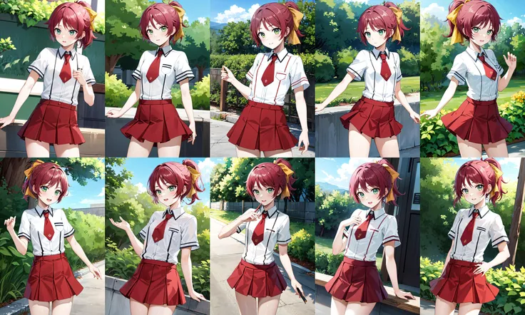 masterpiece, best quality, highres, sm1, school uniform, necktie, red hair, short hair, hair ribbon, skirt, white shirt short sleeves, <lora:shimada_minami_v1:0.6>, cowboy shot, outdoors,