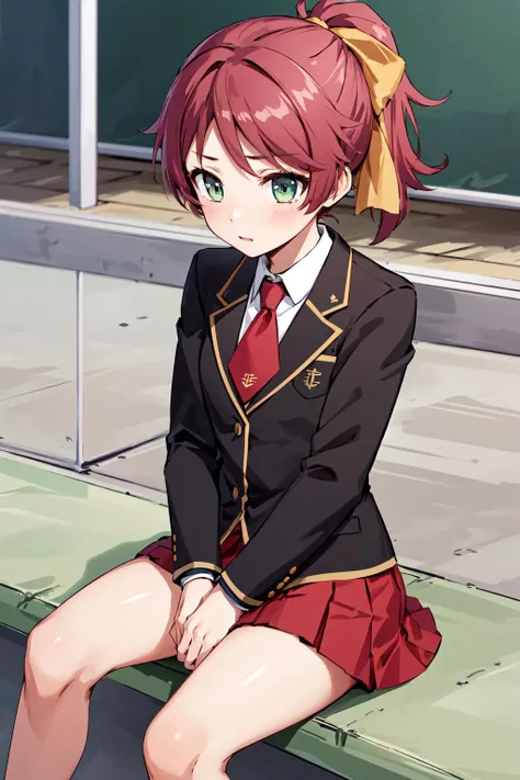 masterpiece, best quality, highres, sm1, school uniform, necktie, red hair, short hair, hair ribbon, skirt, jacket,long sleeves, <lora:shimada_minami_v1:0.6>, dadami, sitting,