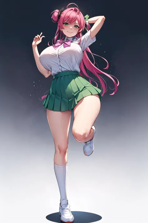 masterpiece, best quality, 1girl, solo, long hair, breasts, looking at viewer, blush, smile, bangs, skirt, large breasts, simple background, shirt, white background, bow, closed mouth, school uniform, green eyes, standing, full body, white shirt, pink hair, short sleeves, pleated skirt, shoes, socks, collared shirt, miniskirt, bowtie, huge breasts, arm up, gradient, kneehighs, gradient background, white footwear, standing on one leg, green skirt, black socks, purple bow, shirt tucked in, uwabaki, purple bowtie, tented shirt <lora:niliu-chahui-style-v1_450768:1>