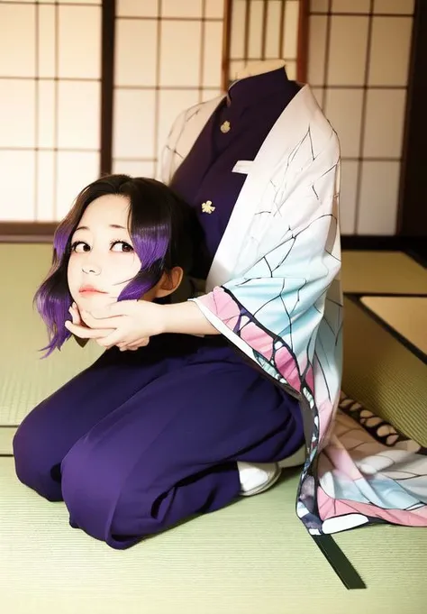 holding head, kochou shinobu, <lora:Kochou_Shinobu:1> girl,resting on floor,kneeling, japanese home, kimono <lyco:EnvyBetterHands LoCon:1.0> <lora:db-last-v3-000020:1>