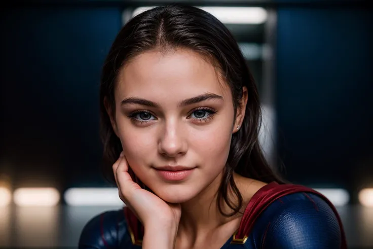 DC movies,photo of a 18 year old girl,supergirl,hands on chin,happy,ray tracing,detail shadow,shot on Fujifilm X-T4,85mm f1.2,sharp focus,depth of field,blurry background,bokeh,lens flare,motion blur,<lora:add_detail:1>,