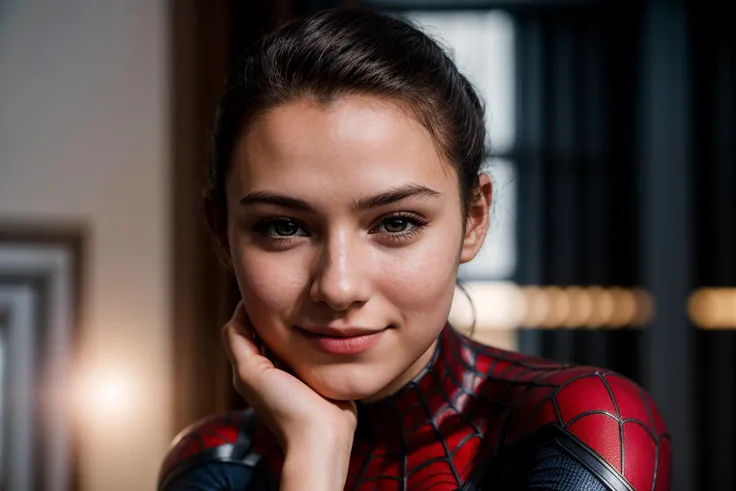 Marvel movies,photo of a 18 year old girl,spiderman,hands on chin,happy,ray tracing,detail shadow,shot on Fujifilm X-T4,85mm f1.2,sharp focus,depth of field,blurry background,bokeh,lens flare,motion blur,<lora:add_detail:1>,