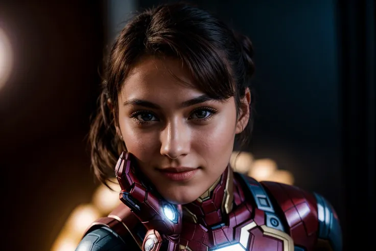 Marvel movies,photo of a 18 year old girl,ironman,hands on chin,happy,ray tracing,detail shadow,shot on Fujifilm X-T4,85mm f1.2,sharp focus,depth of field,blurry background,bokeh,lens flare,motion blur,<lora:add_detail:1>,