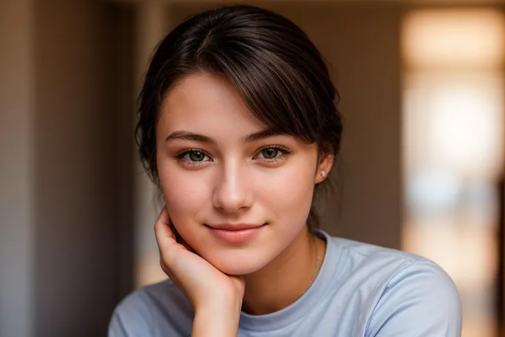 photo of a 18 year old girl,hands on chin,happy,shirt,pants,ray tracing,detail shadow,shot on Fujifilm X-T4,85mm f1.2,sharp focus,depth of field,blurry background,bokeh,lens flare,motion blur,<lora:add_detail:1>,