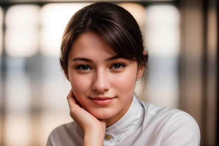 photo of a 18 year old girl,hands on chin,happy,shirt,pants,ray tracing,detail shadow,shot on Fujifilm X-T4,85mm f1.2,sharp focus,depth of field,blurry background,bokeh,lens flare,motion blur,<lora:add_detail:1>,