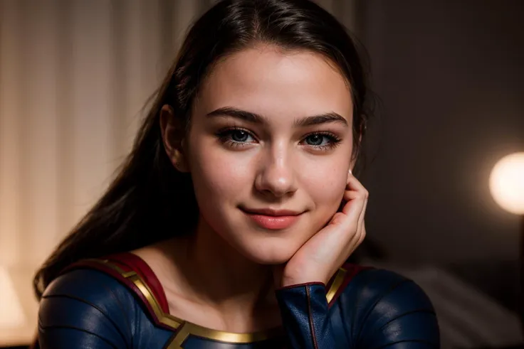 DC movies,photo of a 18 year old girl,supergirl,hands on chin,happy,ray tracing,detail shadow,shot on Fujifilm X-T4,85mm f1.2,depth of field,blurry background,bokeh,motion blur,<lora:add_detail:1>,