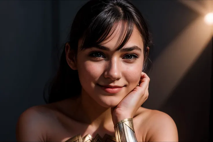 DC movies,photo of a 18 year old girl,wonder woman,hands on chin,happy,ray tracing,detail shadow,shot on Fujifilm X-T4,85mm f1.2,depth of field,blurry background,bokeh,motion blur,<lora:add_detail:1>,