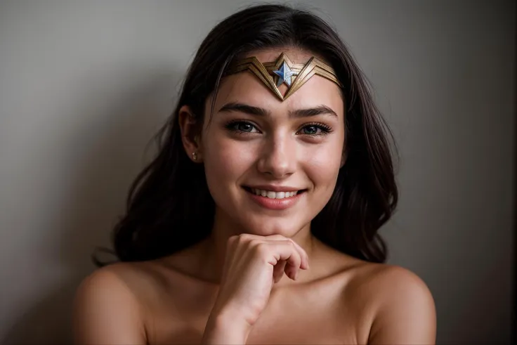 DC movies,photo of a 18 year old girl,wonder woman,hands on chin,happy,laughing,ray tracing,detail shadow,shot on Fujifilm X-T4,85mm f1.2,depth of field,blurry background,bokeh,motion blur,<lora:add_detail:1>,