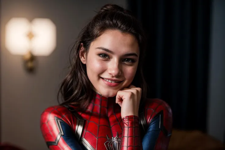 Marvel movies,photo of a 18 year old girl,spiderman,hands on chin,happy,laughing,ray tracing,detail shadow,shot on Fujifilm X-T4,85mm f1.2,depth of field,blurry background,bokeh,motion blur,<lora:add_detail:1>,