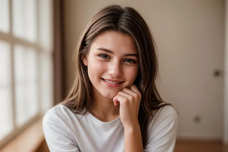 photo of a 18 year old girl,hands on chin,happy,laughing,shirt,pants,ray tracing,detail shadow,shot on Fujifilm X-T4,85mm f1.2,depth of field,blurry background,bokeh,motion blur,<lora:add_detail:1>,