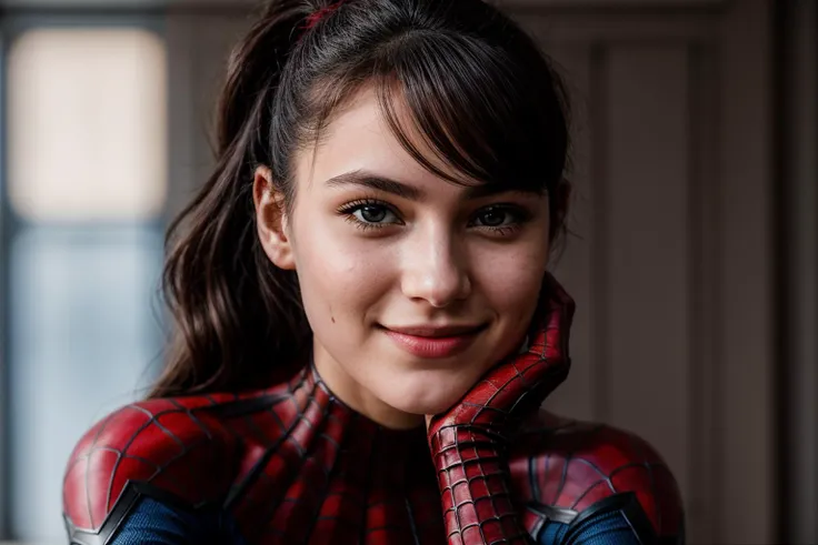 Marvel movies,photo of a 18 year old girl,spiderman,hands on chin,happy,ray tracing,detail shadow,shot on Fujifilm X-T4,85mm f1.2,depth of field,blurry background,bokeh,motion blur,<lora:add_detail:1>,