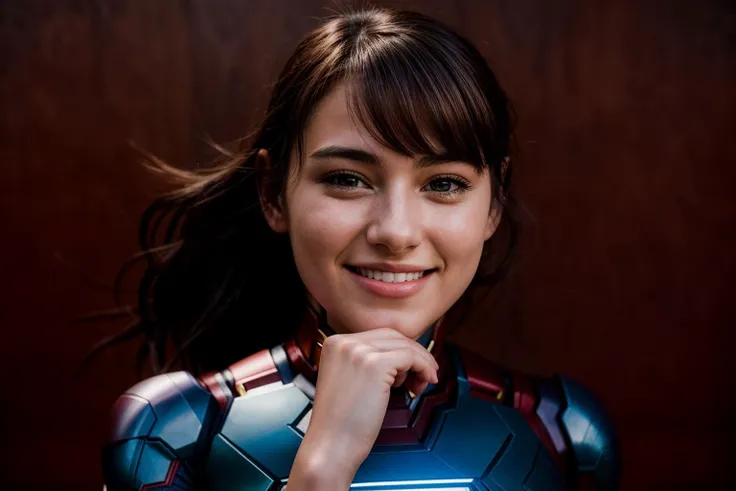 Marvel movies,photo of a 18 year old girl,ironman,hands on chin,happy,laughing,ray tracing,detail shadow,shot on Fujifilm X-T4,85mm f1.2,depth of field,blurry background,bokeh,motion blur,<lora:add_detail:1>,