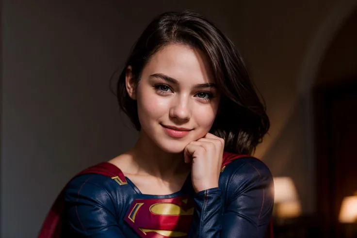 DC movies,photo of a 18 year old girl,supergirl,hands on chin,happy,laughing,ray tracing,detail shadow,shot on Fujifilm X-T4,85mm f1.2,depth of field,blurry background,bokeh,motion blur,<lora:add_detail:1>,