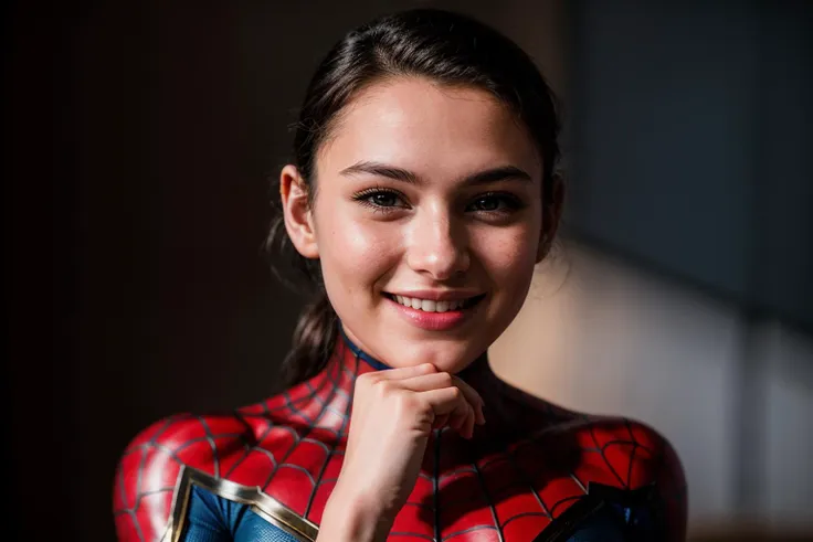 Marvel movies,photo of a 18 year old girl,spiderman,hands on chin,happy,laughing,ray tracing,detail shadow,shot on Fujifilm X-T4,85mm f1.2,depth of field,blurry background,bokeh,motion blur,<lora:add_detail:1>,