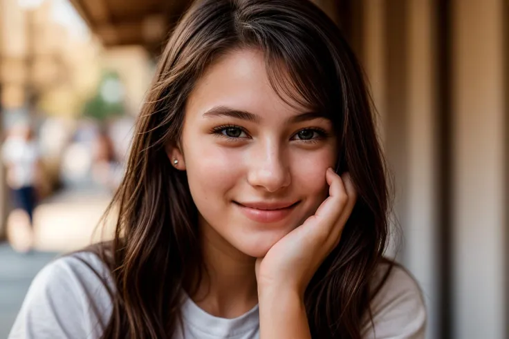 photo of a 18 year old girl,hands on chin,happy,laughing,shirt,ray tracing,detail shadow,shot on Fujifilm X-T4,85mm f1.2,depth of field,blurry background,bokeh,motion blur,<lora:add_detail:1>,