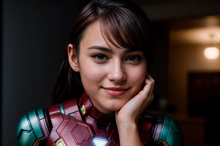 Marvel movies,photo of a 18 year old girl,ironman,hands on chin,happy,ray tracing,detail shadow,shot on Fujifilm X-T4,85mm f1.2,depth of field,blurry background,bokeh,motion blur,<lora:add_detail:1>,