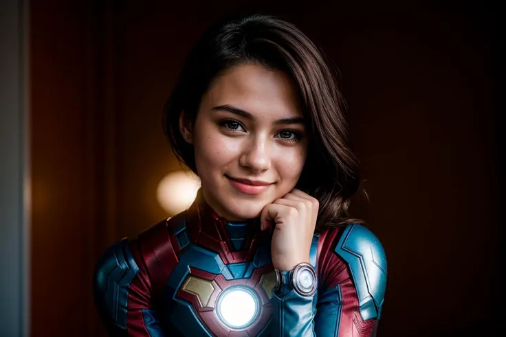 Marvel movies,photo of a 18 year old girl,ironman,hands on chin,happy,laughing,ray tracing,detail shadow,shot on Fujifilm X-T4,85mm f1.2,depth of field,blurry background,bokeh,motion blur,<lora:add_detail:1>,