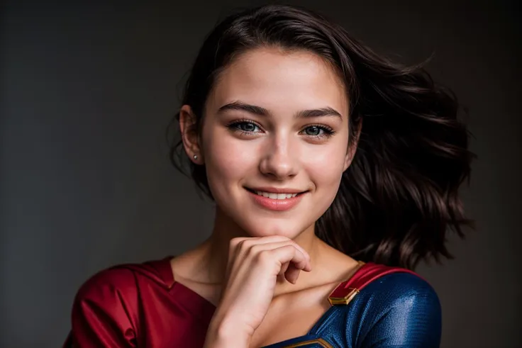 DC movies,photo of a 18 year old girl,supergirl,hands on chin,happy,laughing,ray tracing,detail shadow,shot on Fujifilm X-T4,85mm f1.2,depth of field,blurry background,bokeh,motion blur,<lora:add_detail:1>,