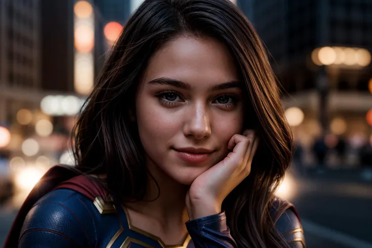 DC movies,photo of a 18 year old girl,supergirl,hands on chin,happy,ray tracing,detail shadow,shot on Fujifilm X-T4,85mm f1.2,depth of field,blurry background,bokeh,motion blur,<lora:add_detail:1>,