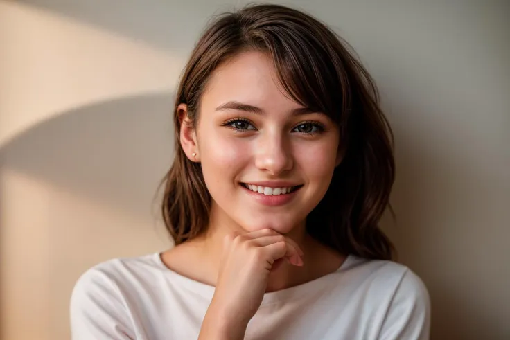 photo of a 18 year old girl,hands on chin,happy,laughing,shirt,ray tracing,detail shadow,shot on Fujifilm X-T4,85mm f1.2,depth of field,blurry background,bokeh,motion blur,<lora:add_detail:1>,