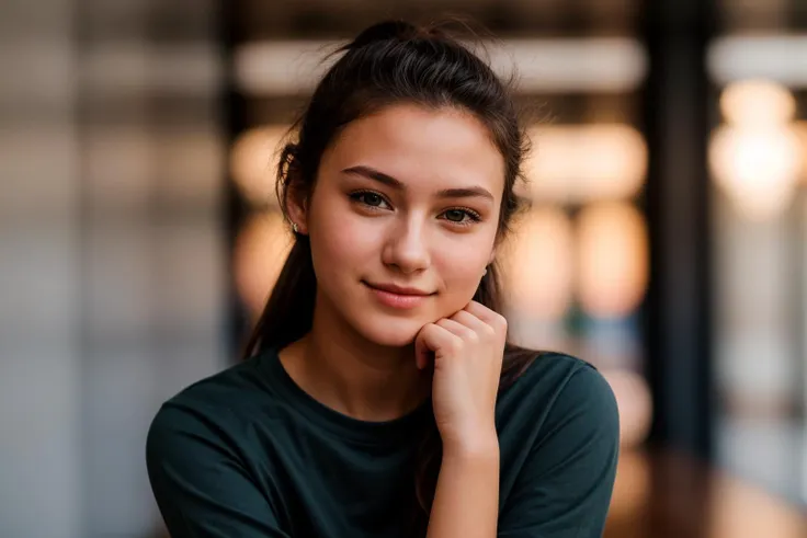 photo of a 18 year old girl,hands on chin,happy,shirt,pants,ray tracing,detail shadow,shot on Fujifilm X-T4,85mm f1.2,depth of field,blurry background,bokeh,motion blur,<lora:add_detail:1>,