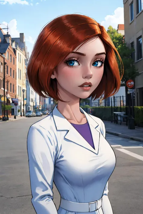 masterpiece, best quality, <lora:shadman-guy-v2:0.95>, shadman, 1girl, solo, looking at viewer, breasts, outdoors, <lora:annpossible:0.95> annpossible, labcoat, shirt