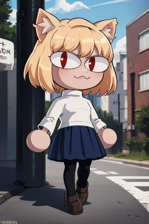 (masterpiece, best quality:1.2), <lora:shadman:1> shadman, <lora:necoarc:1>, necoarc, slit pupils, cat ears, blonde hair, red eyes, chibi, 1girl, solo, white turtleneck, blue skirt, pleated skirt, brown footwear, pantyhose, outdoors, looking at viewer,