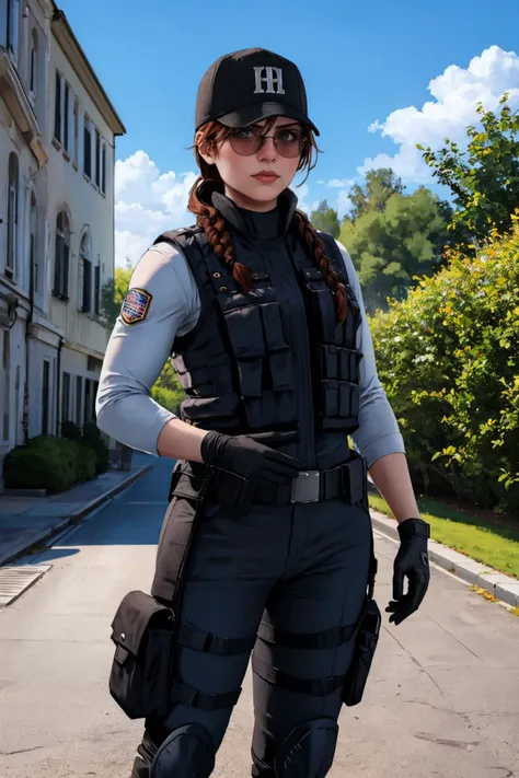 masterpiece, best quality, <lora:shadman-guy-v2:0.95>, shadman, 1girl, solo, looking at viewer, breasts, outdoors, <lora:ashrss:0.95>, ashrss, uniform, hat, single braid, sunglasses, bulletproof vest, pants, gloves, vest, tactical clothes, long sleeves