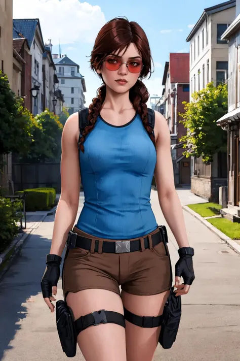 masterpiece, best quality, <lora:shadman-guy-v2:0.95>, shadman, 1girl, solo, looking at viewer, breasts, outdoors, <lora:ashrss:0.95>, ashrss, tank top, single braid, gloves, shorts, fingerless gloves, sunglasses, holster, tinted eyewear, thigh holster, brown shorts