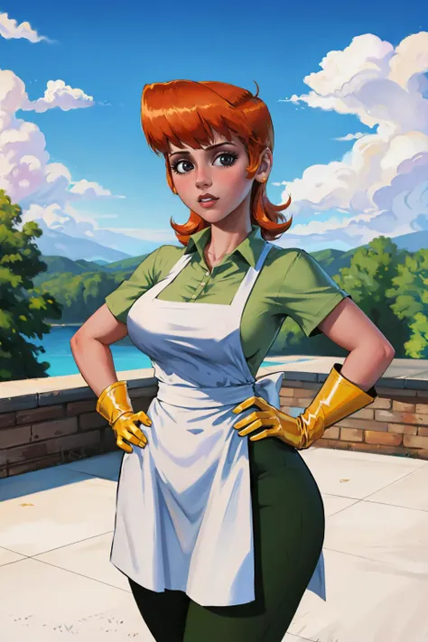 masterpiece, best quality, <lora:shadman-guy-v2:0.95>, shadman, 1girl, solo, looking at viewer, breasts, outdoors, <lora:dextersmom:0.95> dextersmom, gloves, apron, jewelry, pants, shirt, hands on hips,